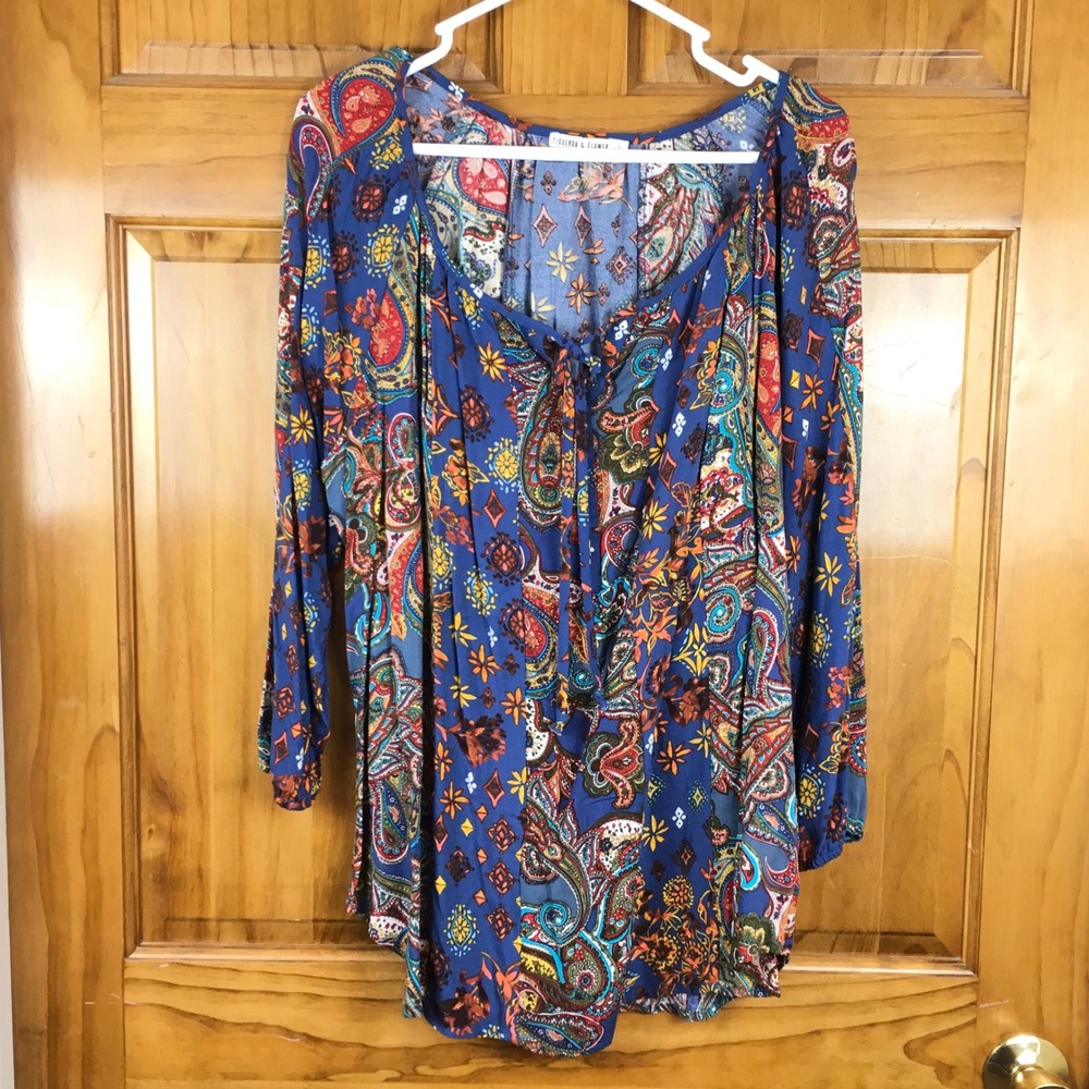 Figueroa & Flower Blue Paisley Patchwork Peasant Blouse Lg Indie Hippie